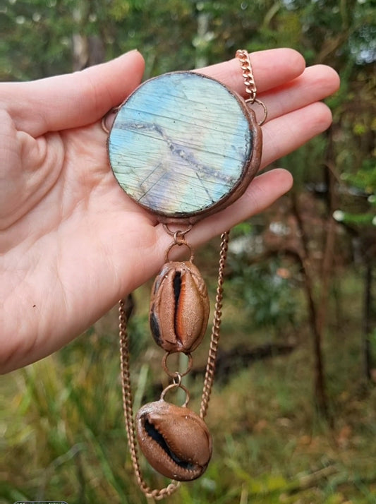 Cowrie shells and rainbow labradorite copper electroformed pendant