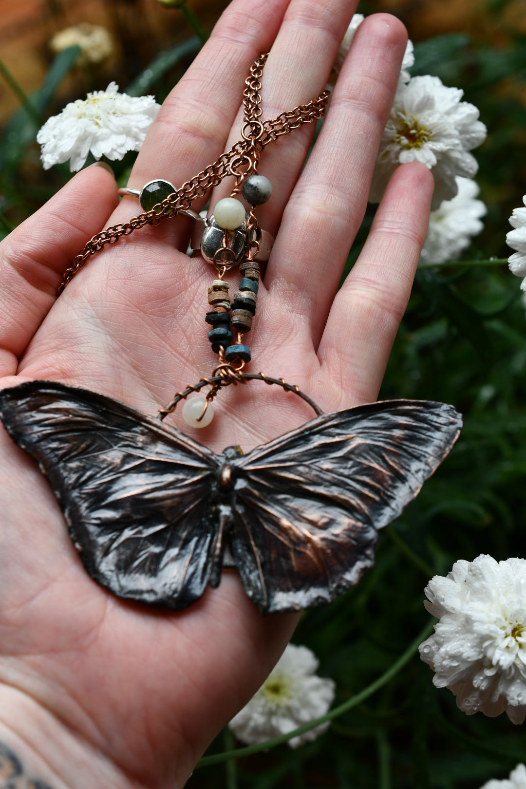 Real butterfly copper electroformed necklace with Ancient Egyptian beads