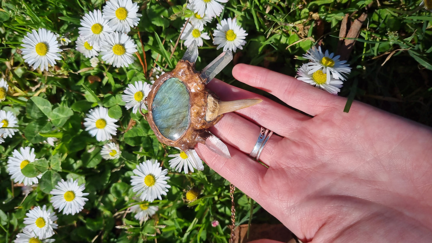 Quartz, Labrodorite and fossilised shark tooth copper electroformed necklace