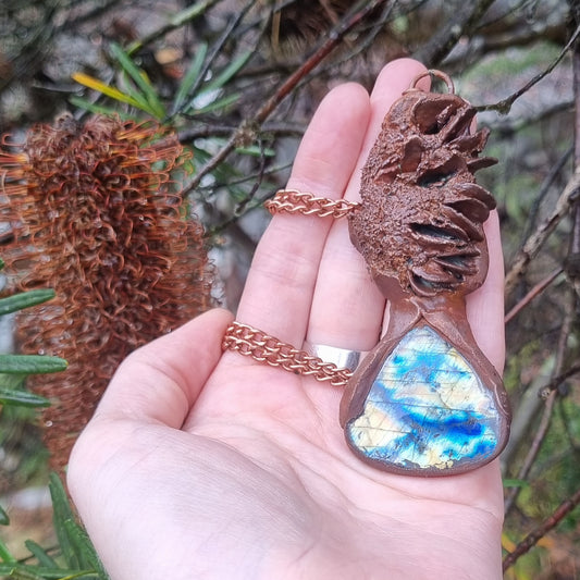Bush goddess Copper Banksia electroformed pendant necklaces