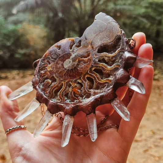 Ancient ammonite and raw clear quartz electroformed pendant necklace