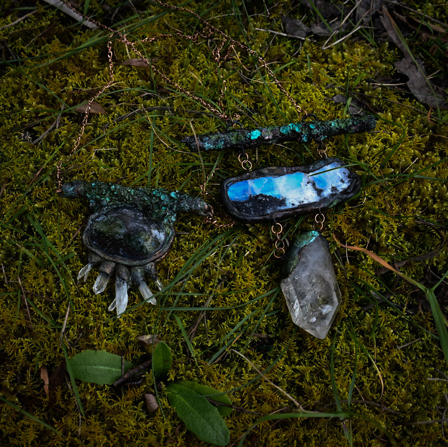 Lichen, Lemurian Quartz and Moss Agate Amulet copper electroformed