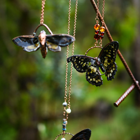 Real Death's Head Hawk Moth copper electroformed necklace with Ancient Egyptian beads