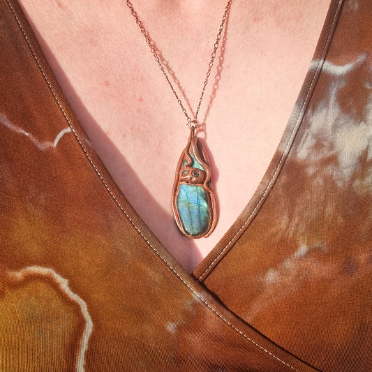 Labrodorite and Emerald Skull Amulet copper electroformed