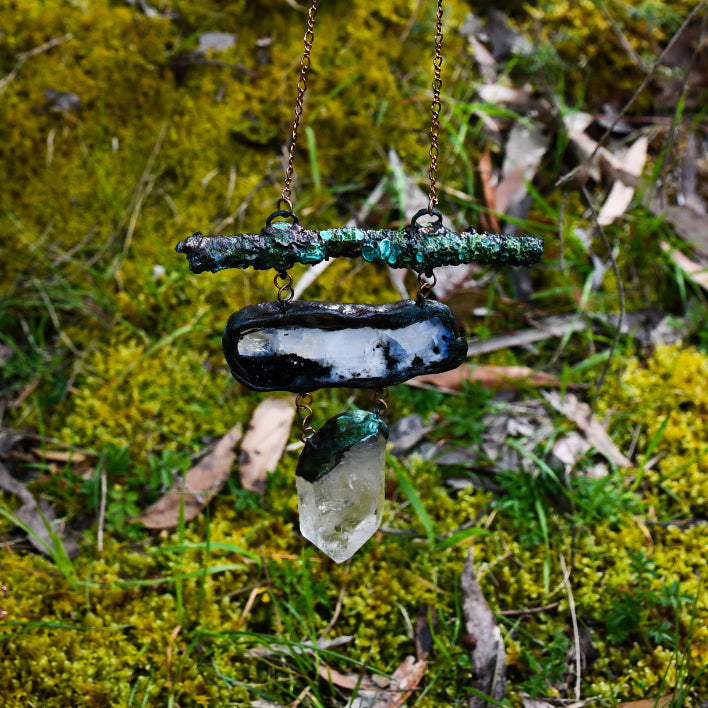 Lichen, clear quartz and rainbow moonstone Amulet copper electroformed