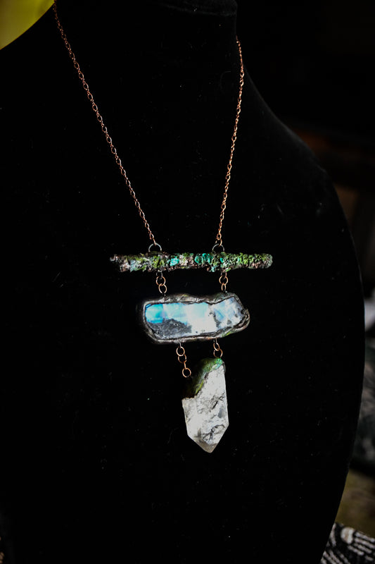 Lichen, clear quartz and rainbow moonstone Amulet copper electroformed
