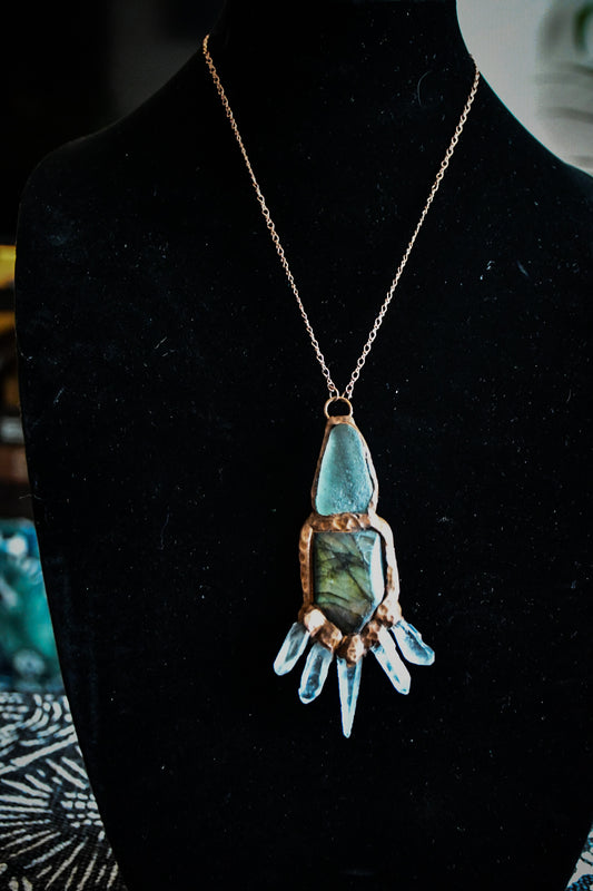 Labrodorite, quartz, and green sea glass copper electroformed necklace