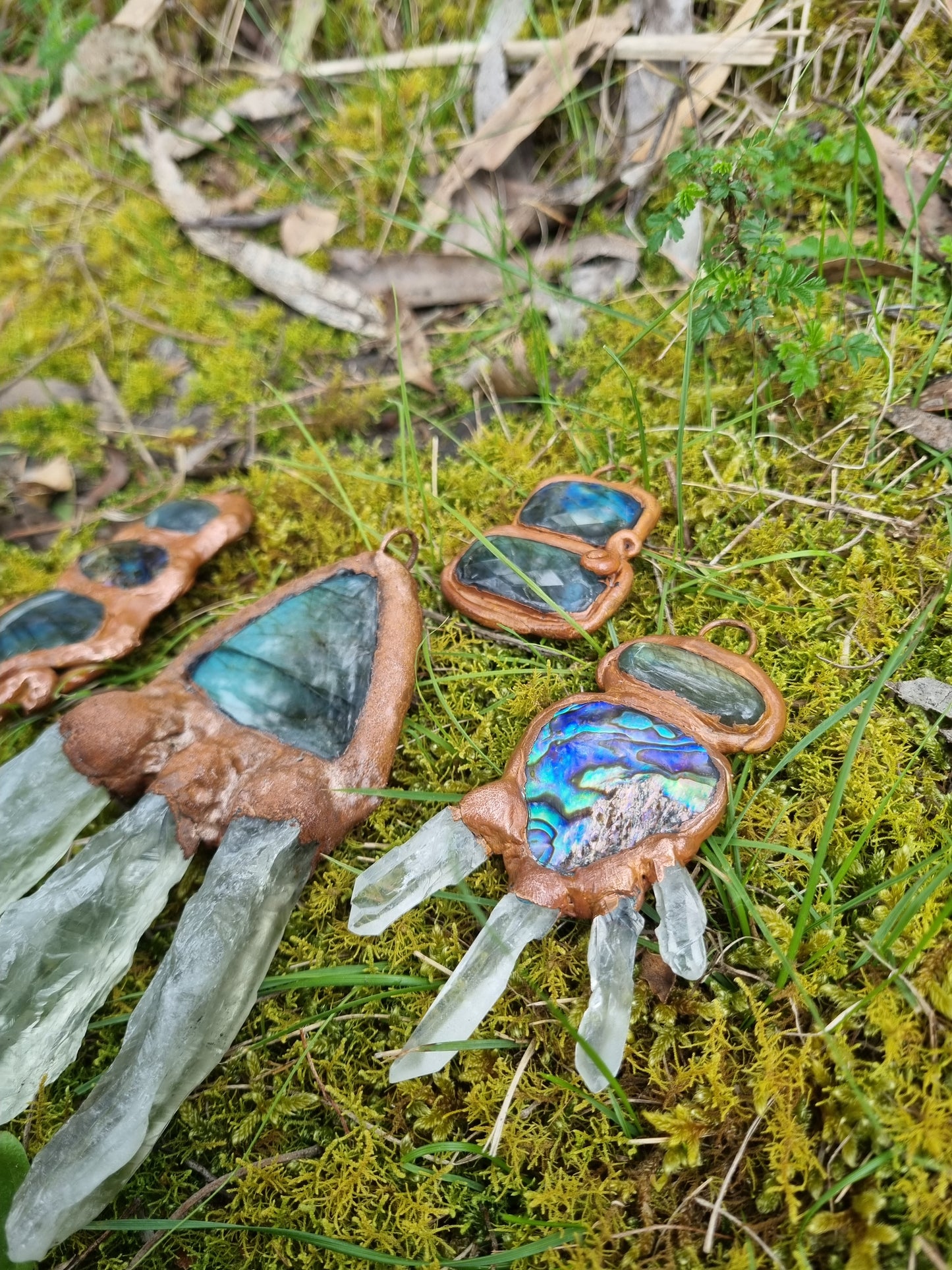 Labrodorite, Quartz, and Abalone shell copper electroformed necklace