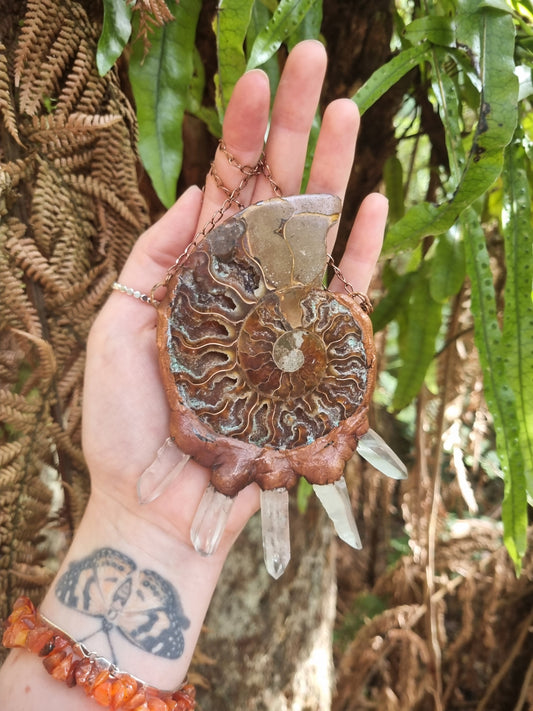 Ancient ammonite and raw clear quartz electroformed pendant necklace