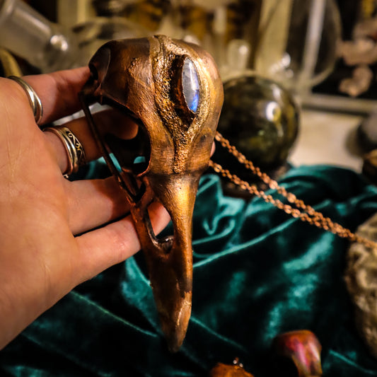 Giant copper electroformed bird skull pendant, three eyed raven, skull pendant necklace, moonstone, bird skull pendant, electroformed jewellery, copper skull, gothic necklace, goblincore aesthetic