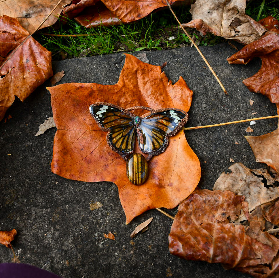 Real tiger butterfly specimen with Ethiopian opal and tigers eye pendant necklace in electroformed copper