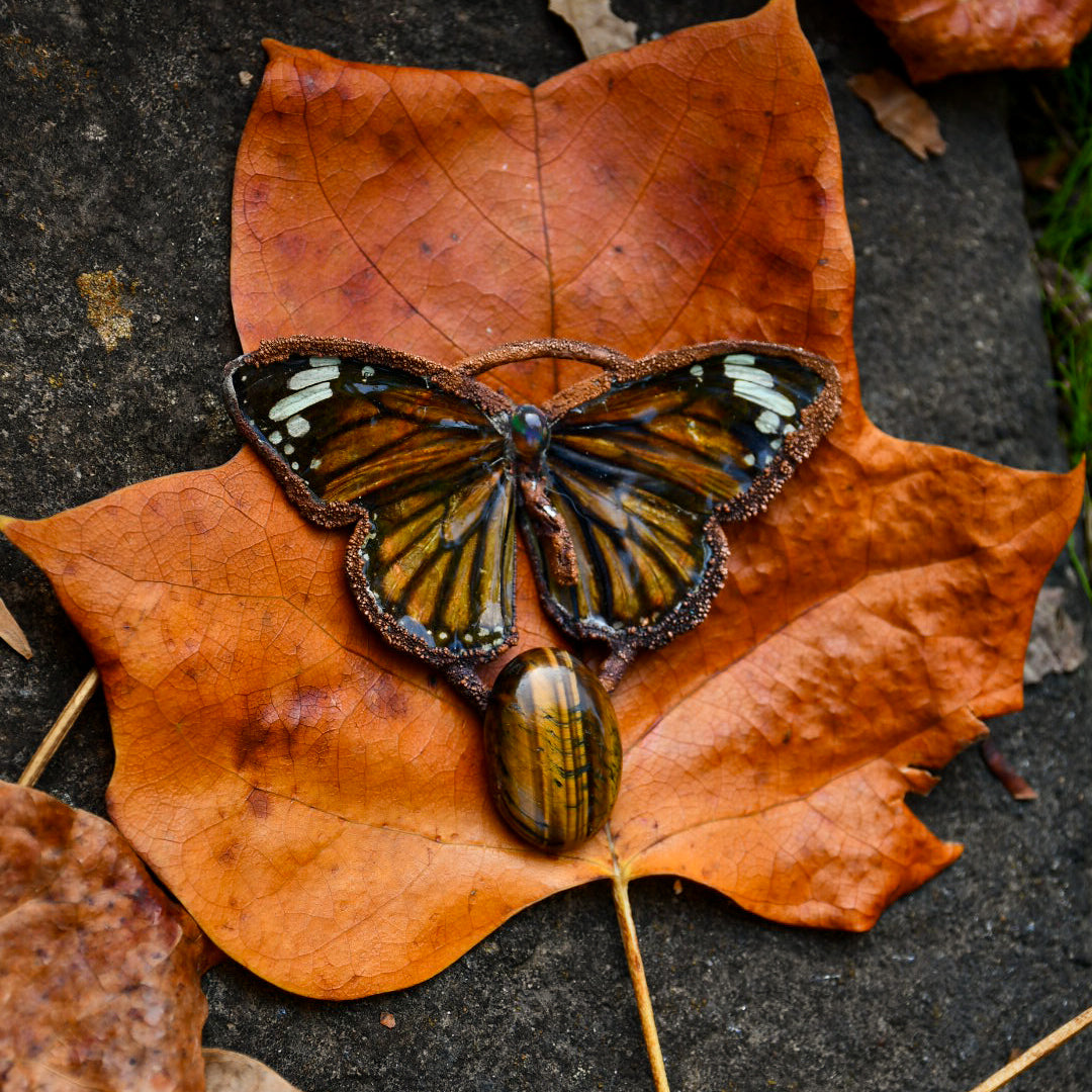 Real tiger butterfly specimen with Ethiopian opal and tigers eye pendant necklace in electroformed copper