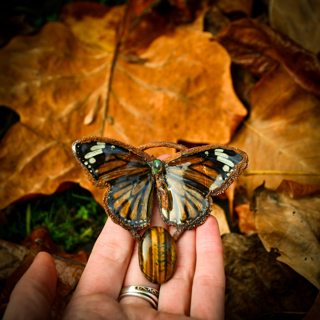 Real tiger butterfly specimen with Ethiopian opal and tigers eye pendant necklace in electroformed copper