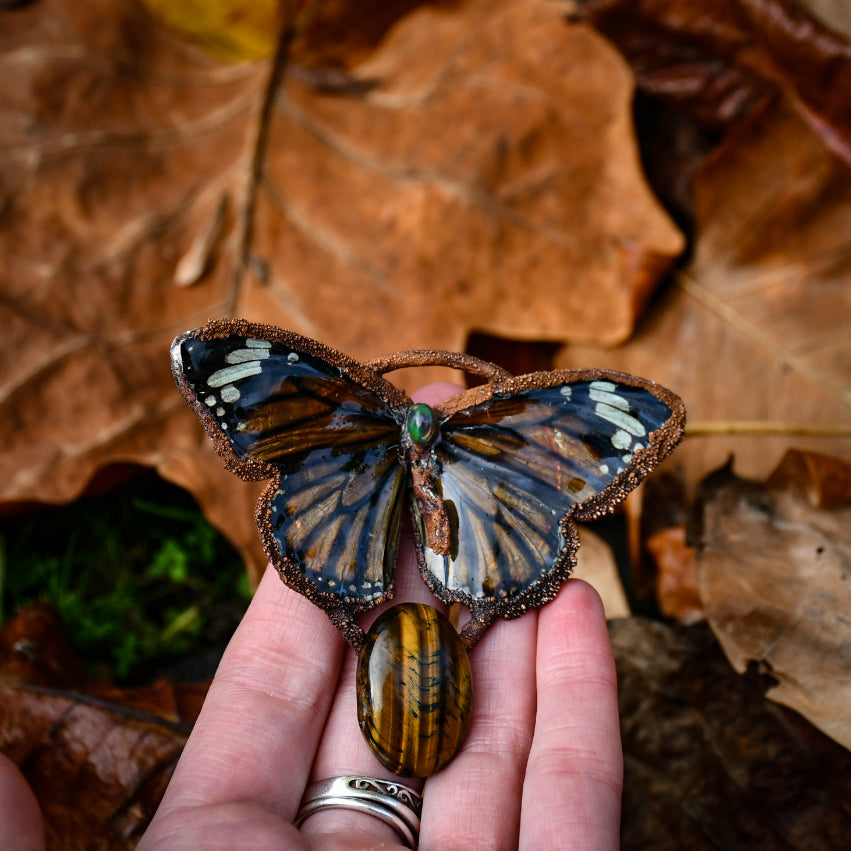 Real tiger butterfly specimen with Ethiopian opal and tigers eye pendant necklace in electroformed copper