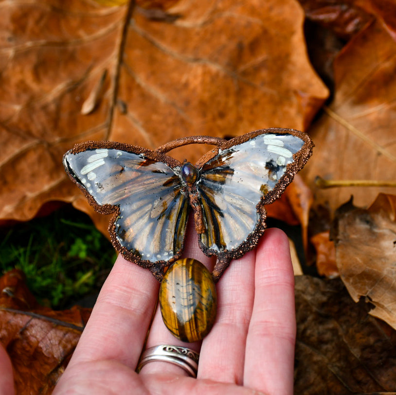 Real tiger butterfly specimen with Ethiopian opal and tigers eye pendant necklace in electroformed copper