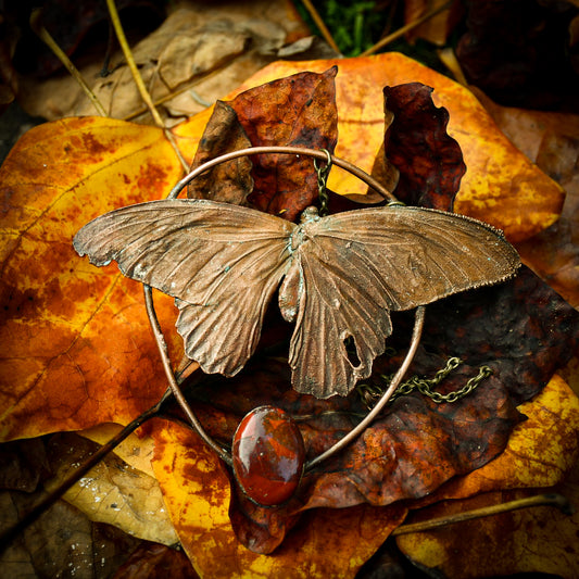 Real butterfly specimen with red jasper pendant necklace in electroformed copper