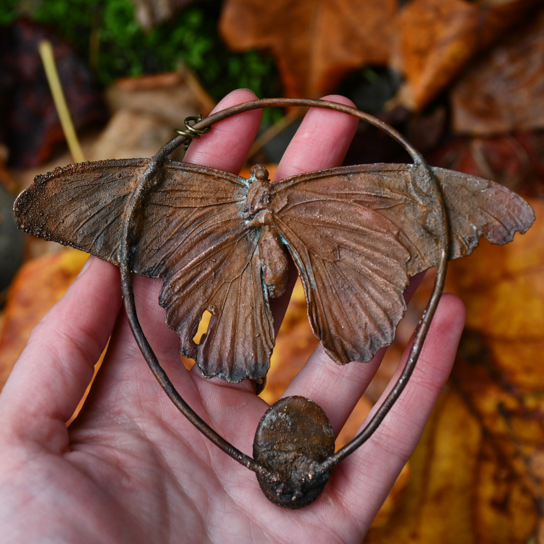 Real butterfly specimen with red jasper pendant necklace in electroformed copper