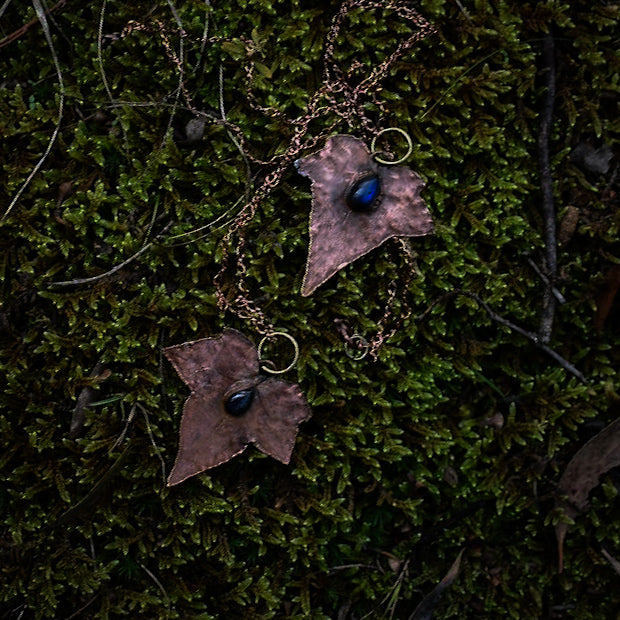 Electroformed ivy leaf and labrodorite pendulum necklace in copper