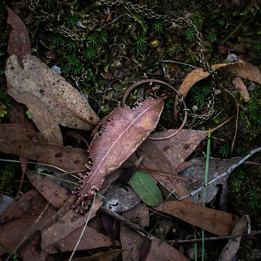 Electroformed Eucalyptus leaf pendulum necklace in copper