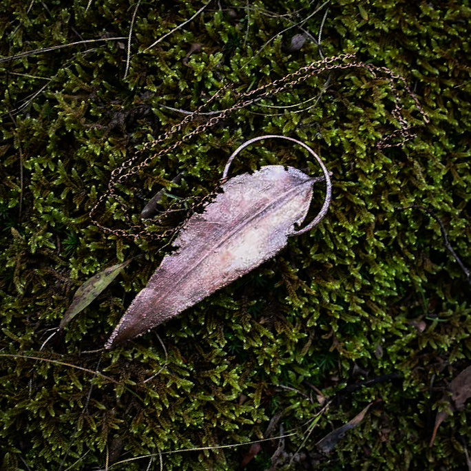 Electroformed Eucalyptus leaf pendulum necklace in copper