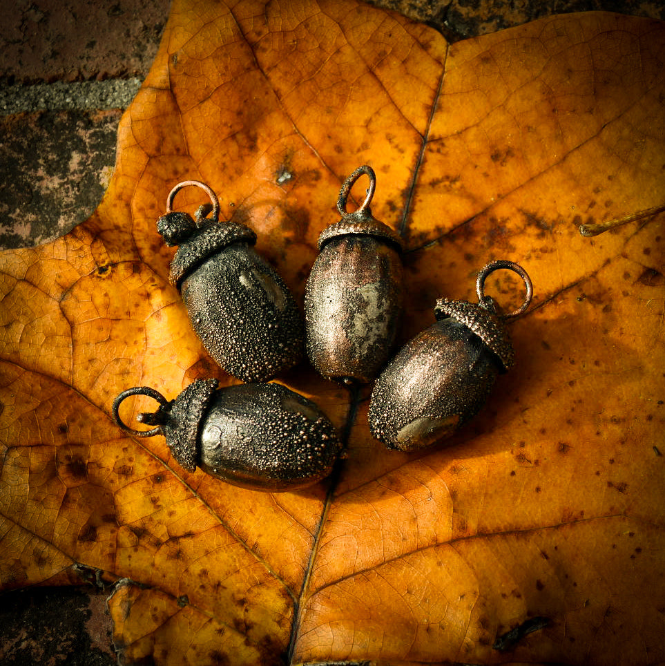 Electroformed acorn pendulum necklace in copper