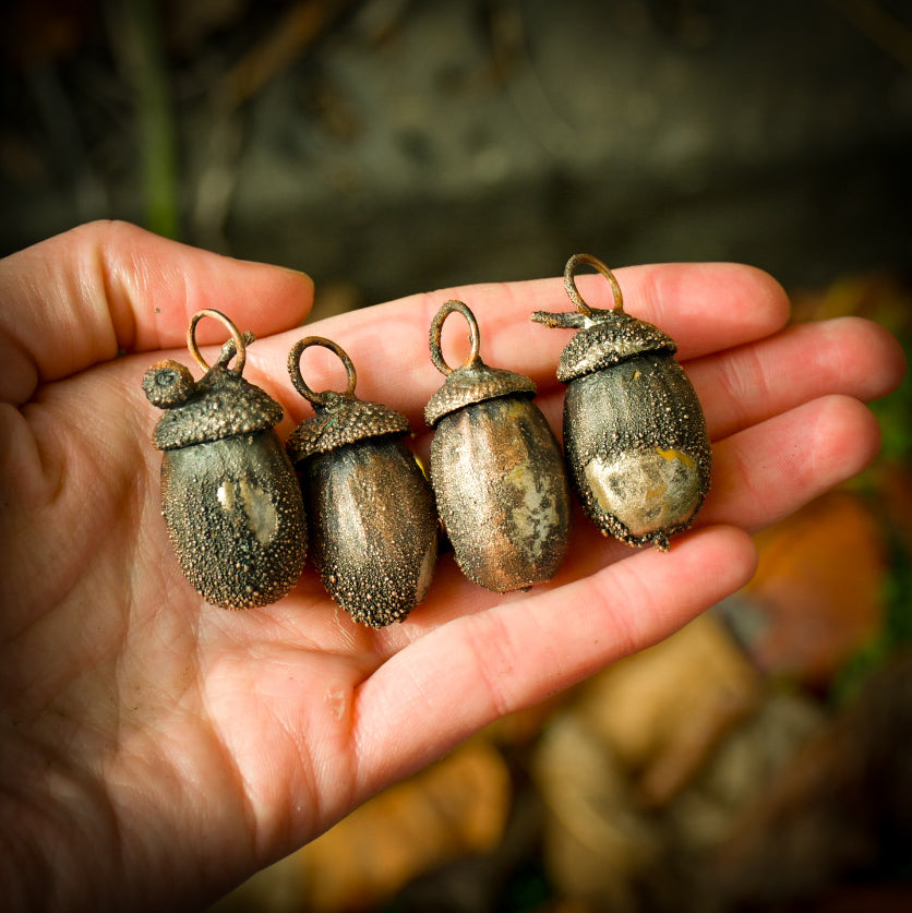 Electroformed acorn pendulum necklace in copper