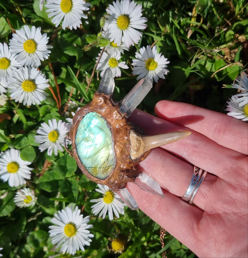 Quartz, Labrodorite and fossilised shark tooth copper electroformed necklace