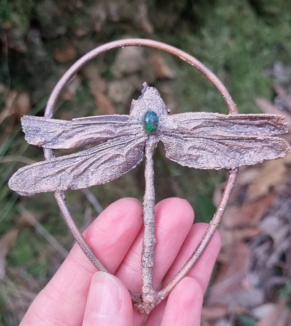 Real (headless) dragonfly specimen pendant necklace with Ethiopian opal in electroformed copper