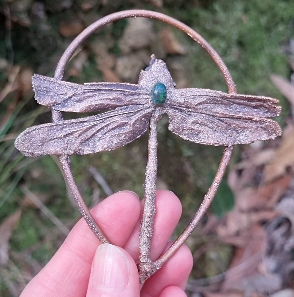 Real (headless) dragonfly specimen pendant necklace with Ethiopian opal in electroformed copper