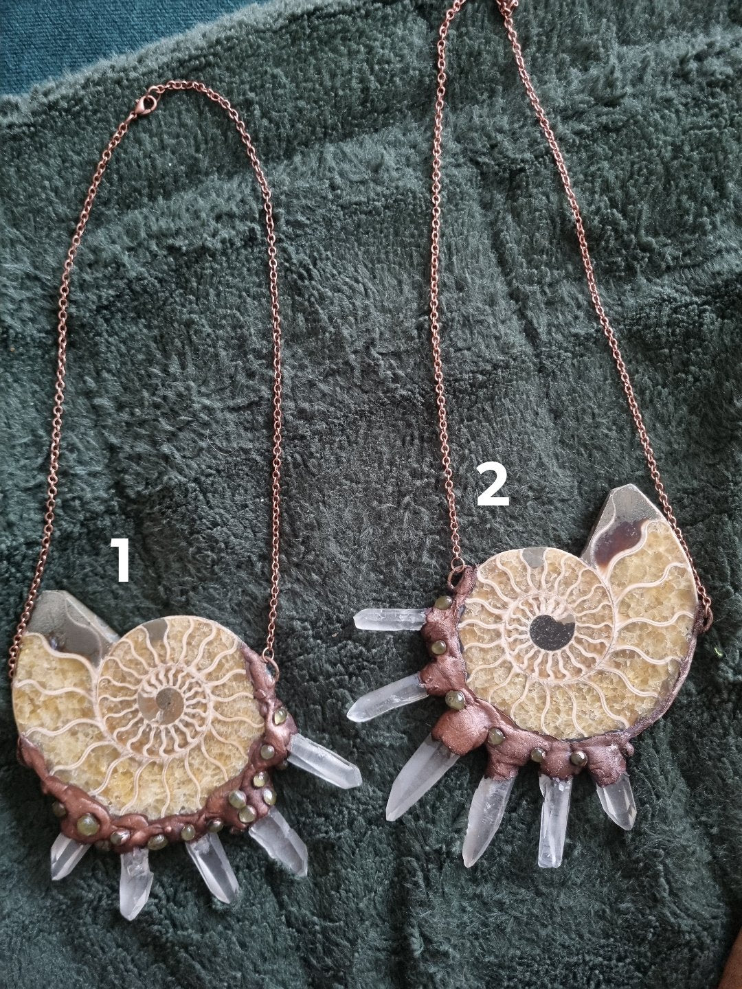 Large Ammonite and clear quartz necklace in copper