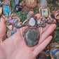 Cloud Forest: Snake skeleton, moss agate, and moonstone copper electroformed necklace