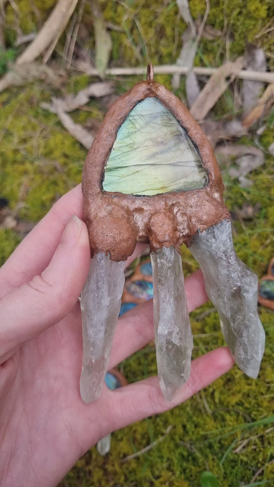 Green Labrodorite and Raw Prasiolite "333" copper electroformed necklace