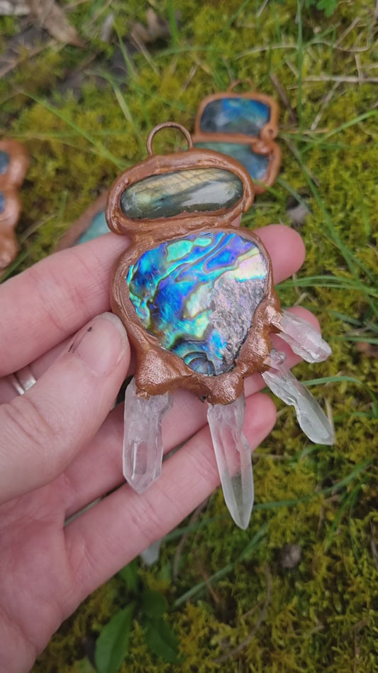Labrodorite, Quartz, and Abalone shell copper electroformed necklace