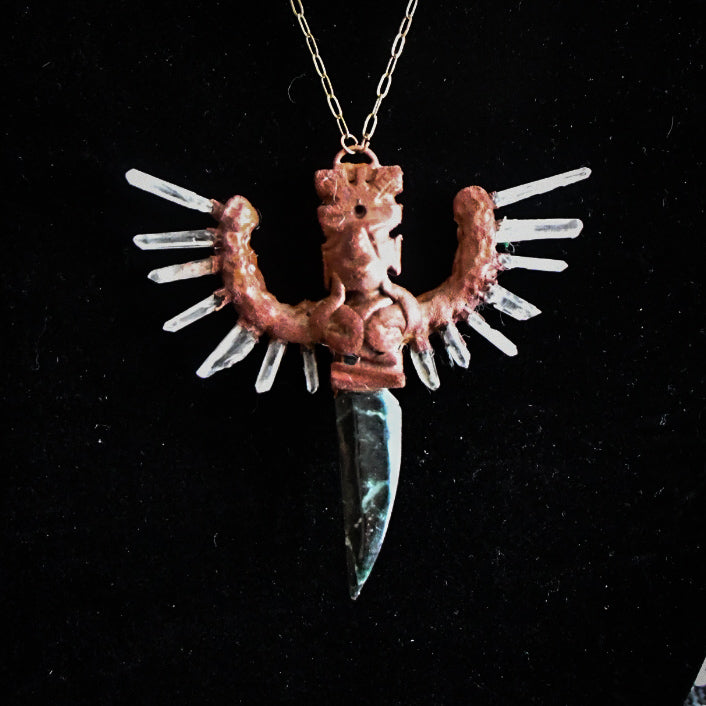 Ancient Winged Grandfather carved obsidian knife, quartz, copper electroformed