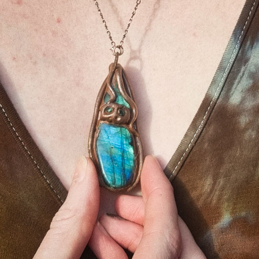 Labrodorite and Emerald Skull Amulet copper electroformed