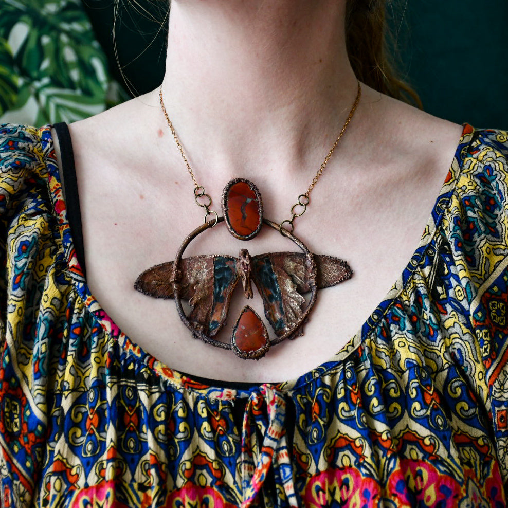 Real Red Spangle butterfly specimen with red jasper pendant necklace in electroformed copper