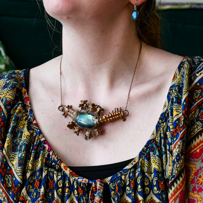 Vertebrae bone and labrodorite pendant necklace in electroformed copper