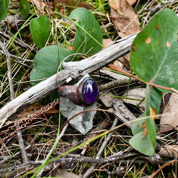 "Fucking big" Clear quartz and amethyst pendulum necklace in copper