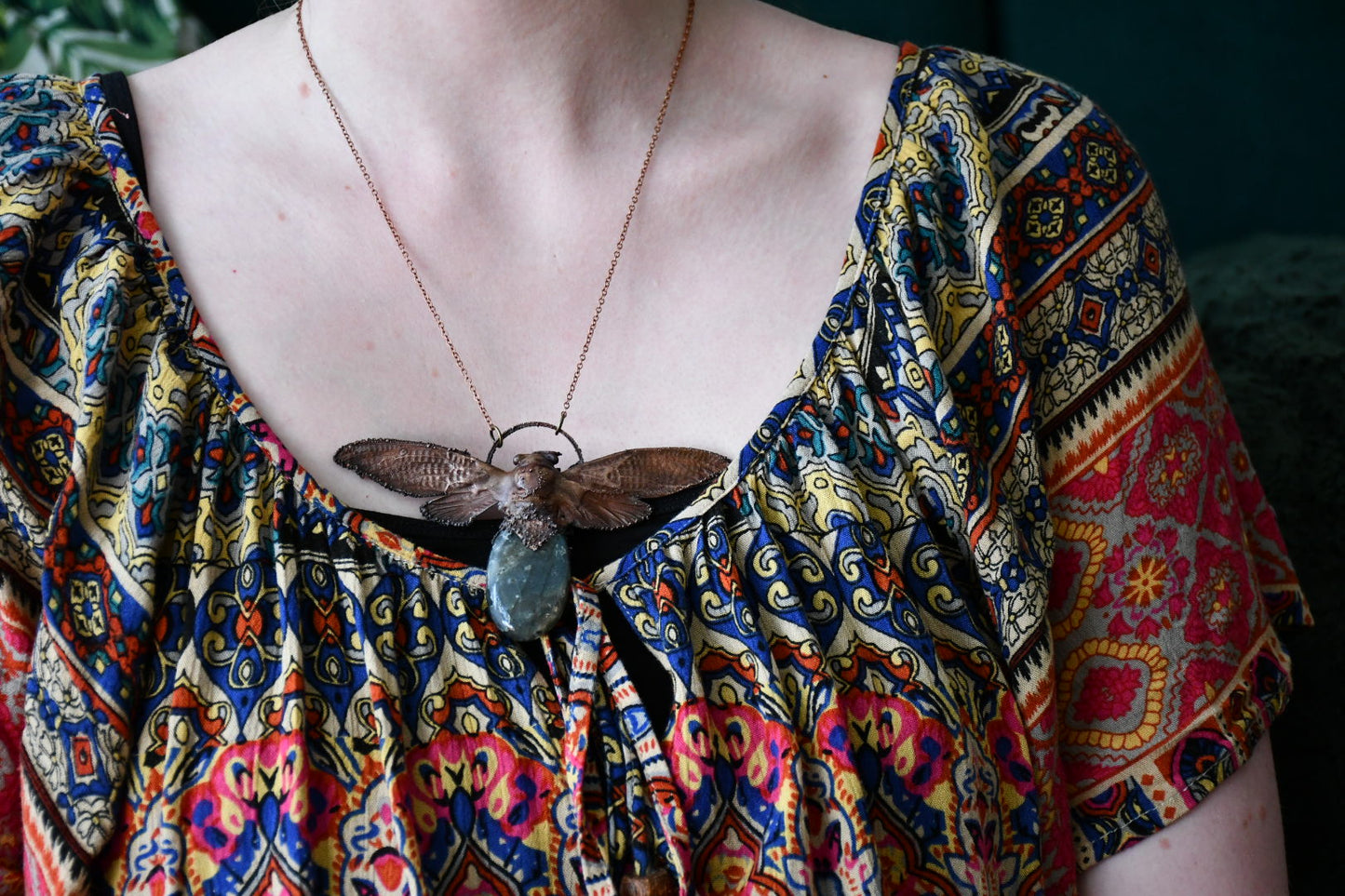 Cicada and labrodorite pendant necklace in electroformed copper