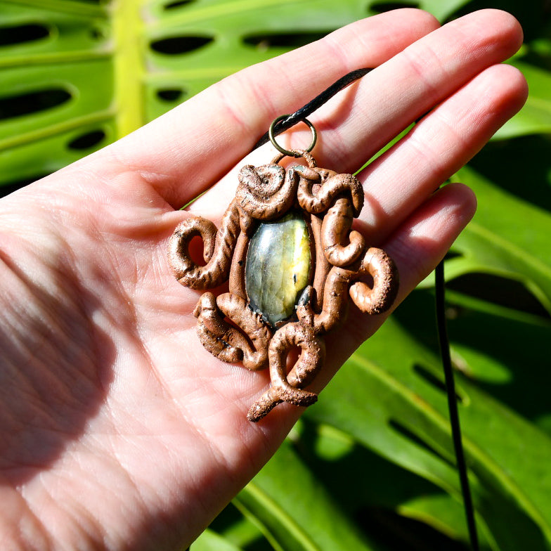 Worm and labrodorite electroformed copper necklace pendants