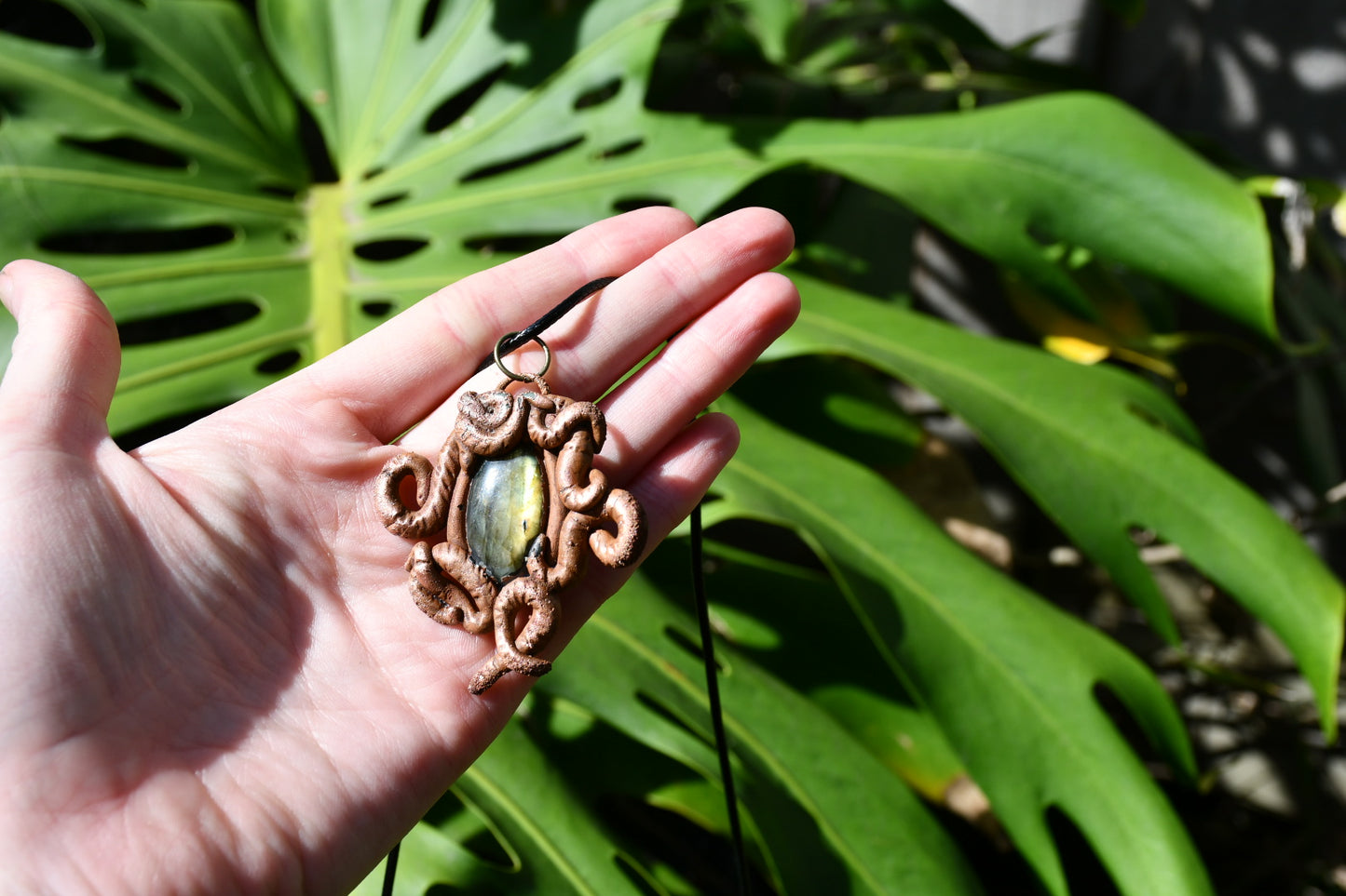 Worm and labrodorite electroformed copper necklace pendants