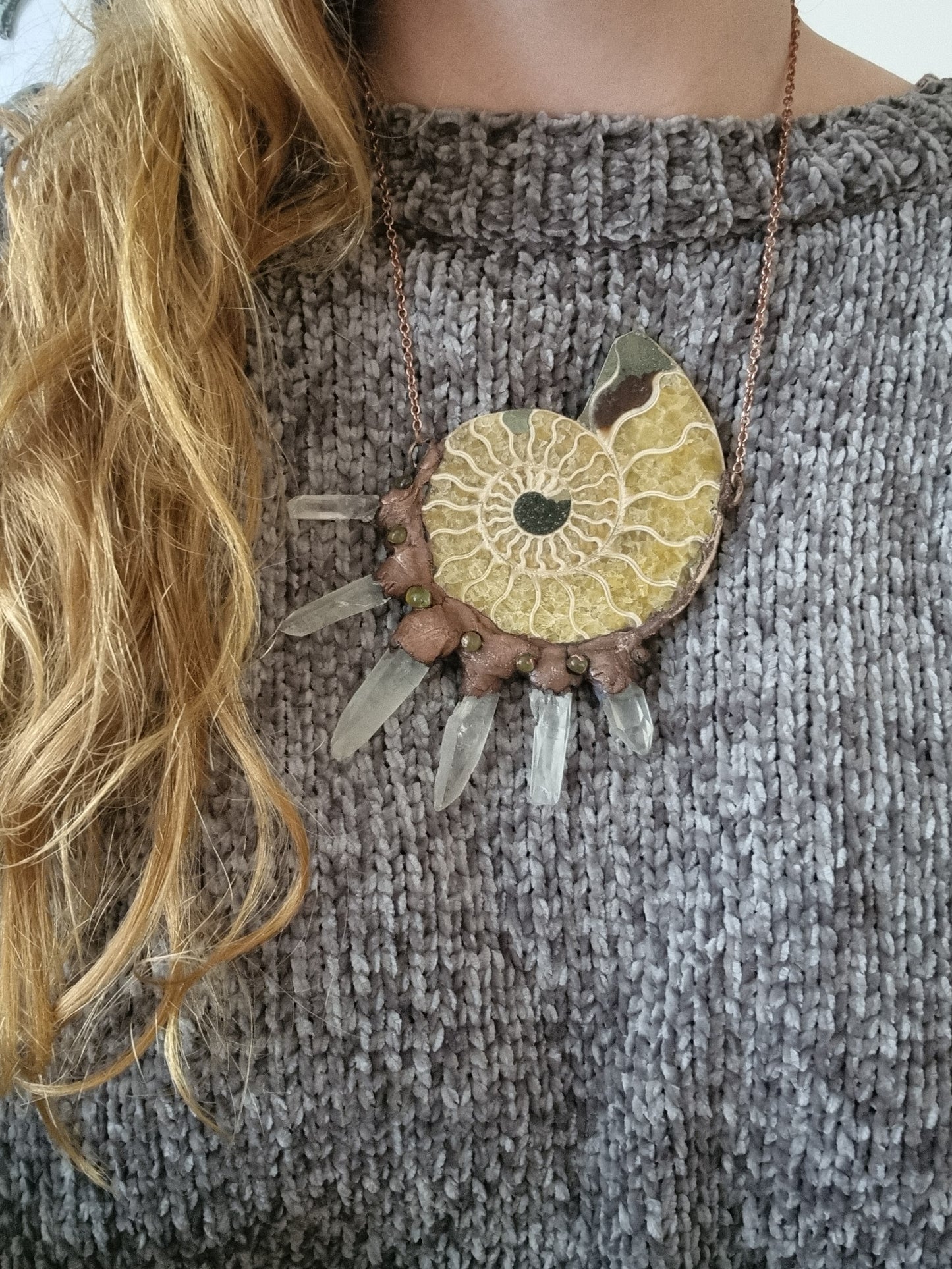 Large Ammonite and clear quartz necklace in copper