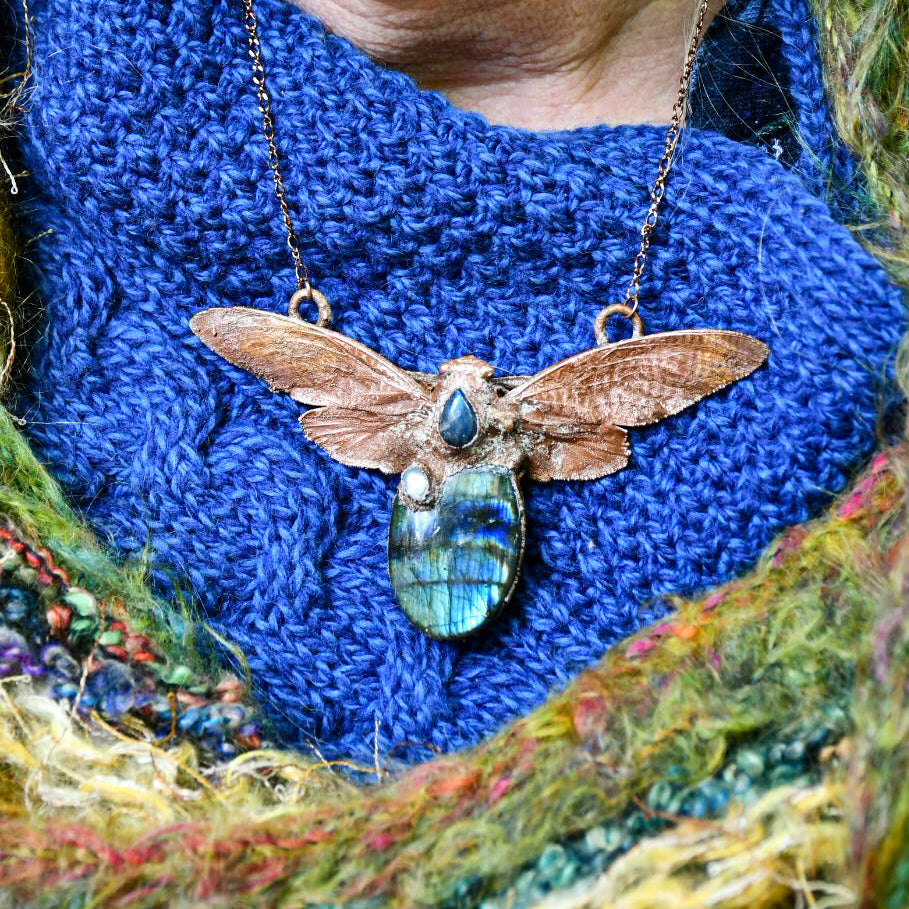 Cicada with labrodorites pendant necklace in electroformed copper