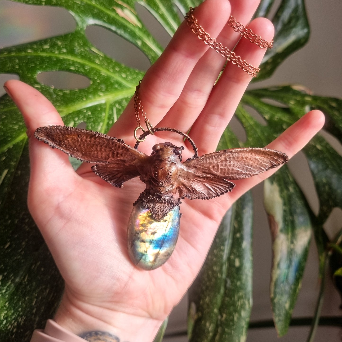 Cicada and labrodorite pendant necklace in electroformed copper