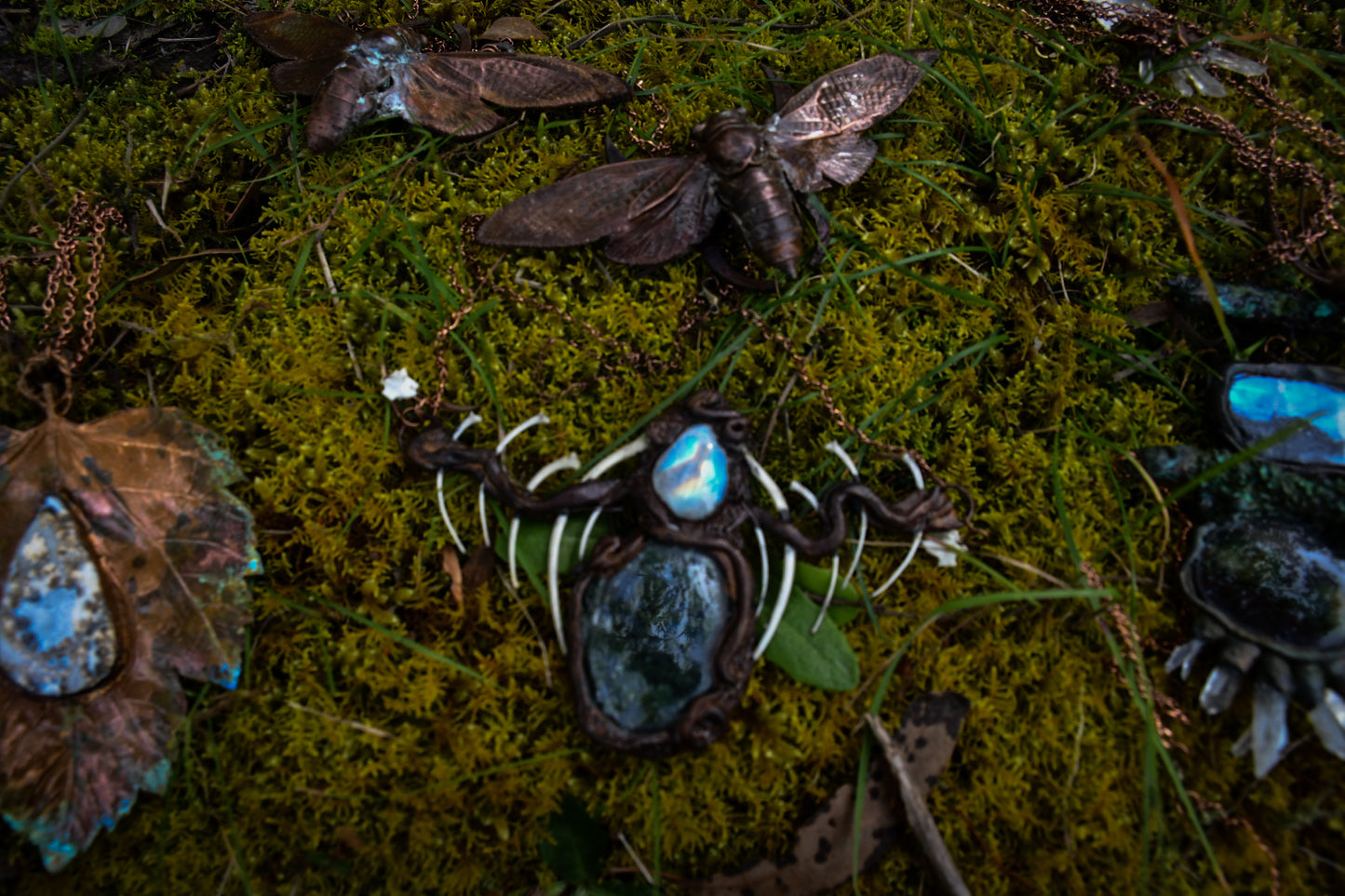 Cloud Forest: Snake skeleton, moss agate, and moonstone copper electroformed necklace