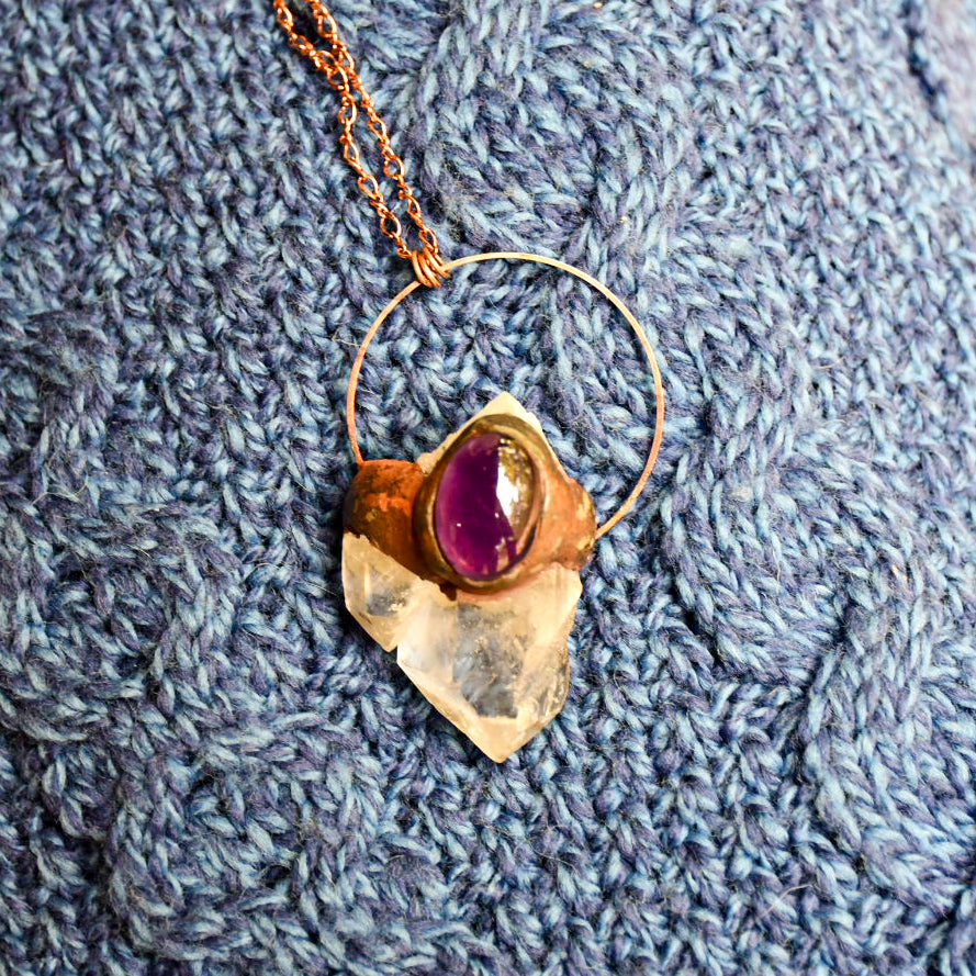 "Fucking big" Clear quartz and amethyst pendulum necklace in copper