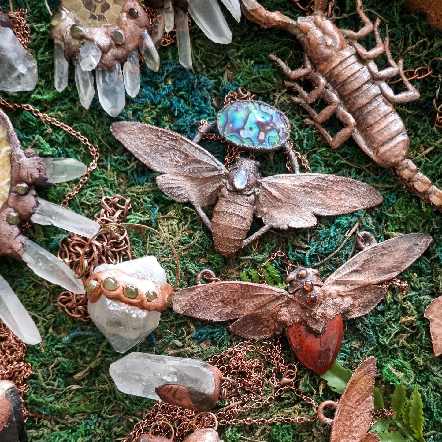 Cicada with red jasper and citrine pendant necklace in electroformed copper