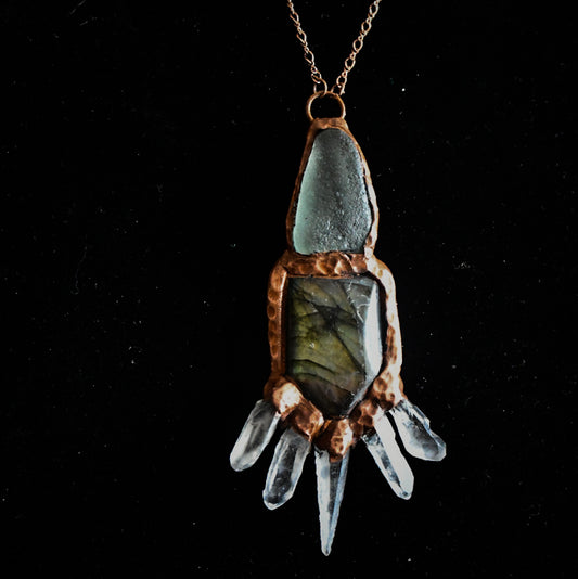 Labrodorite, quartz, and green sea glass copper electroformed necklace