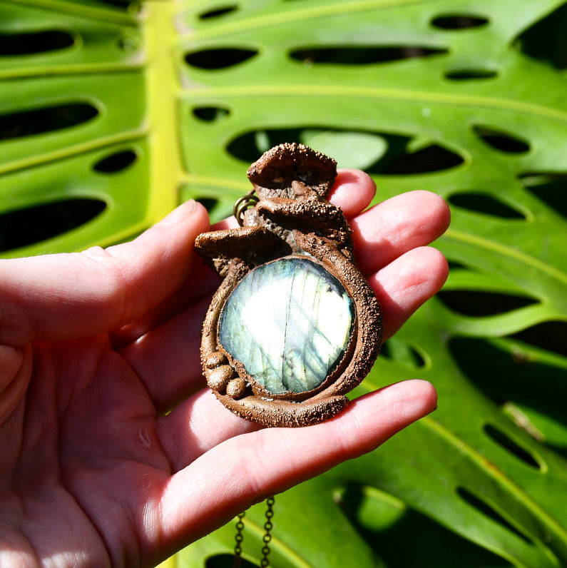 Mushroom labrodorite pendant necklace in electroformed copper