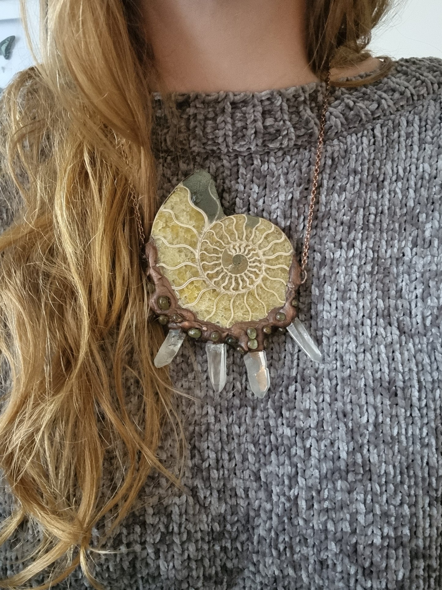 Large Ammonite and clear quartz necklace in copper